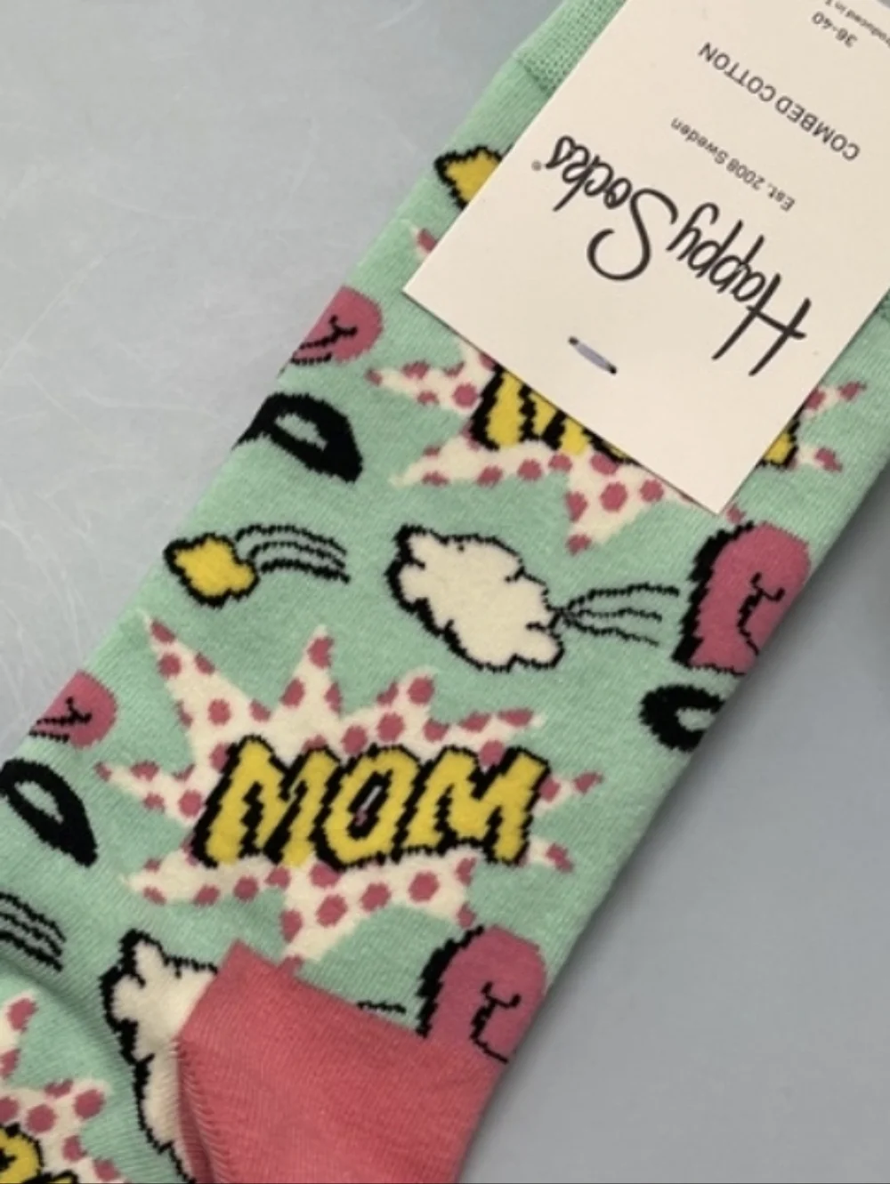 Happy Socks Mint & Pink 'MOM' Pop Art Crew Socks